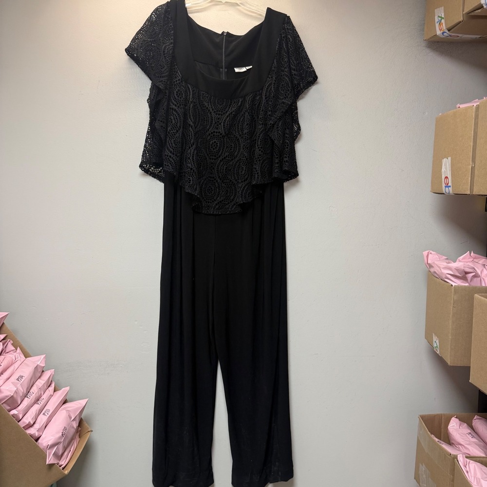 Cato Jumpsuit Woman 24W Black Excellent Lace Overlay Wide Leg Short Sleeve